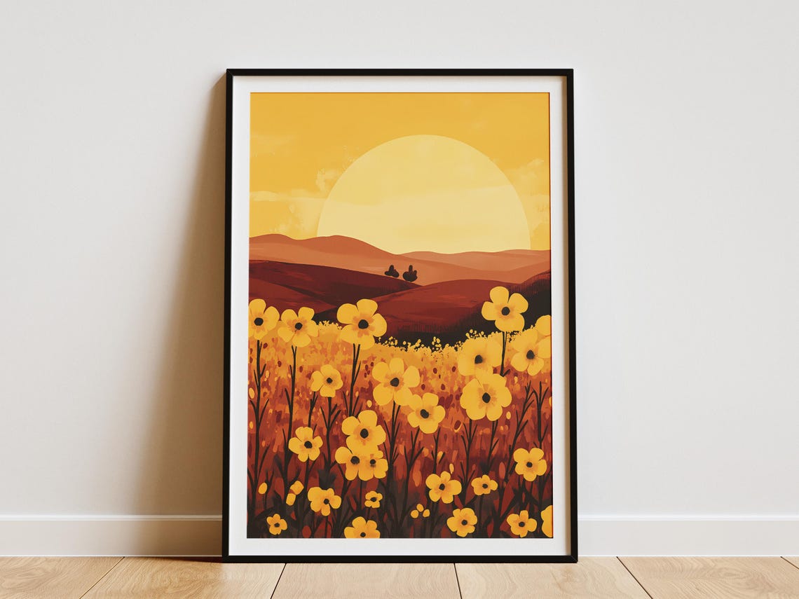 Yellow Mustard Flower Field at Sunset Poster With Big Sun Hills