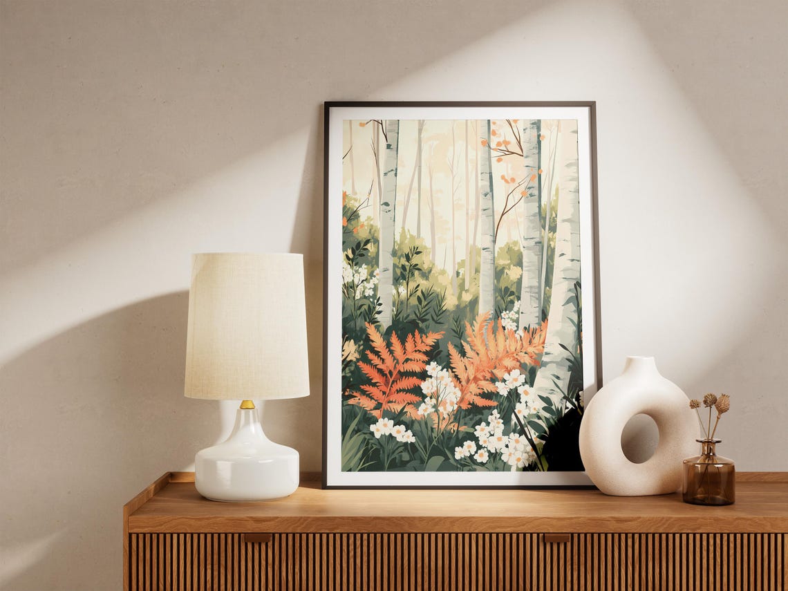 Birch Forest Glade With Orange Ferns And White Flowers Poster - Image 5