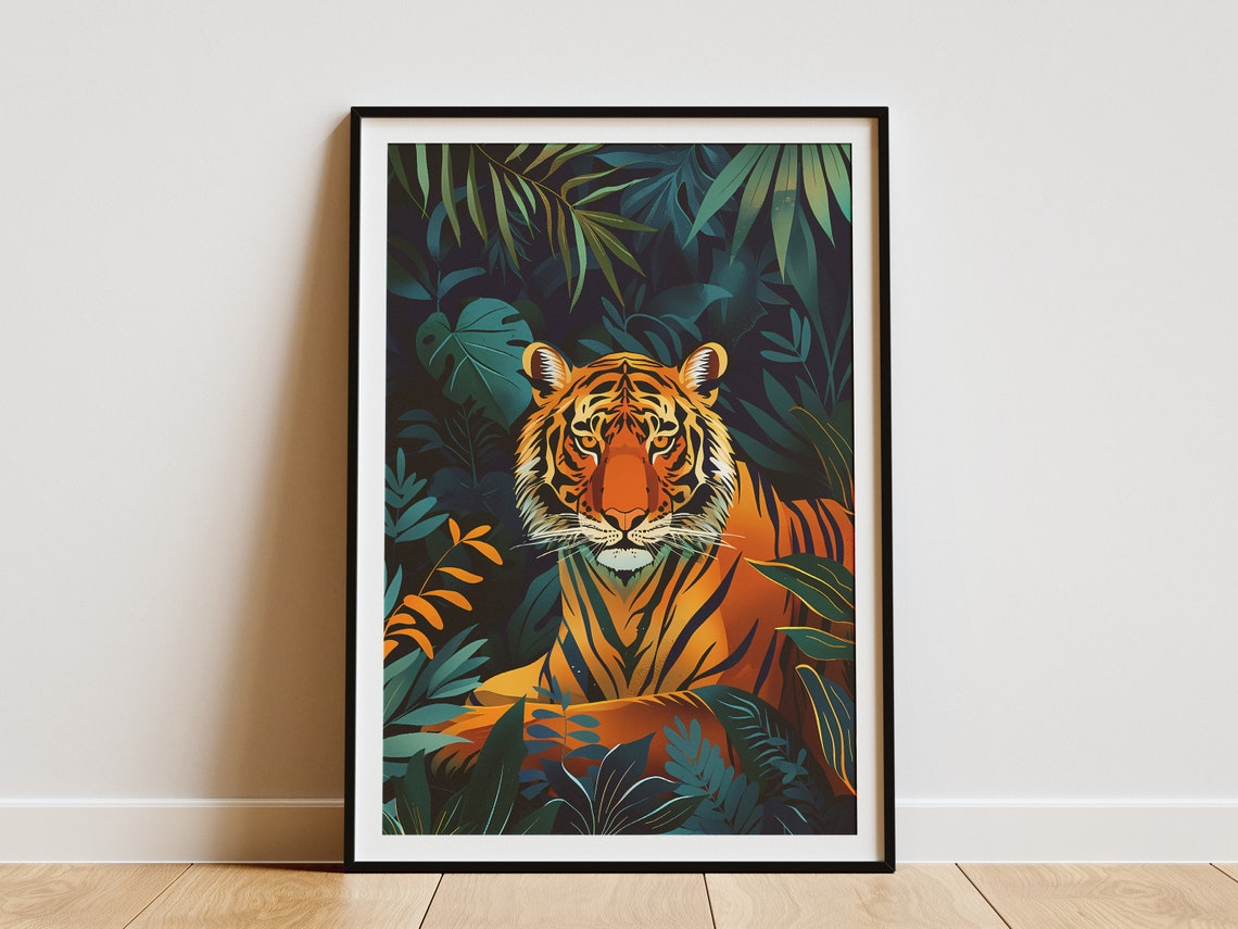 Tiger Jungle Poster Tropical Animal Print Orange Green Wall Art Large Print