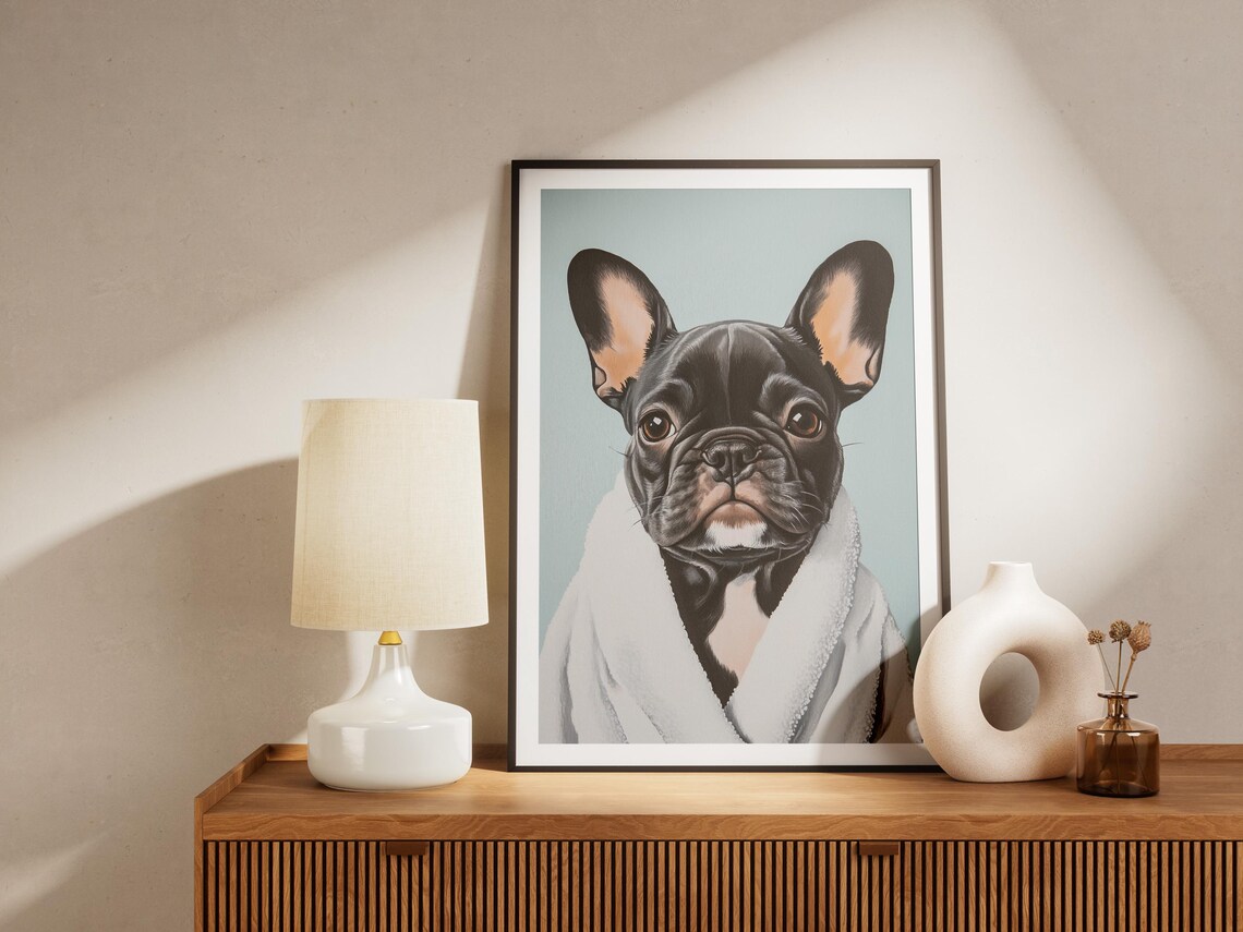 Black French Bulldog Puppy in White Bathrobe Cute Pet Poster - Image 4