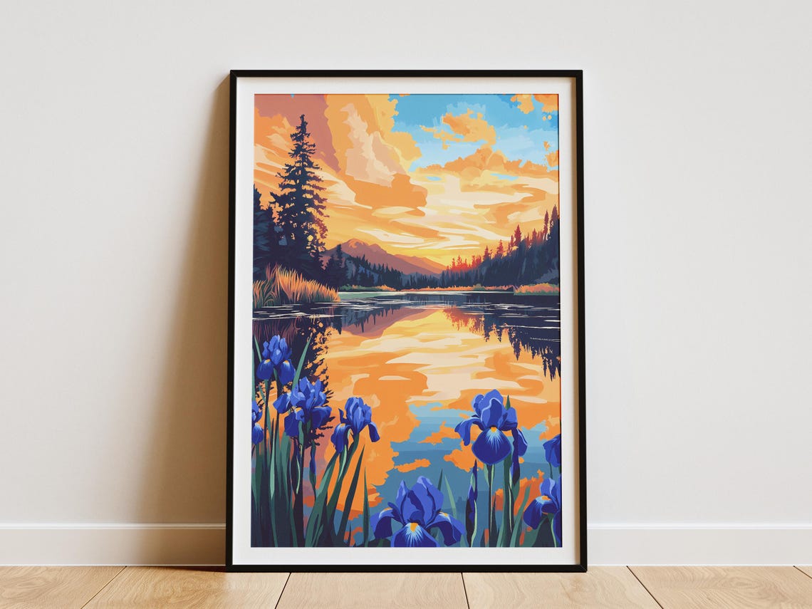 Blue Irises Lake Reflection Sunset Dramatic Landscape Poster