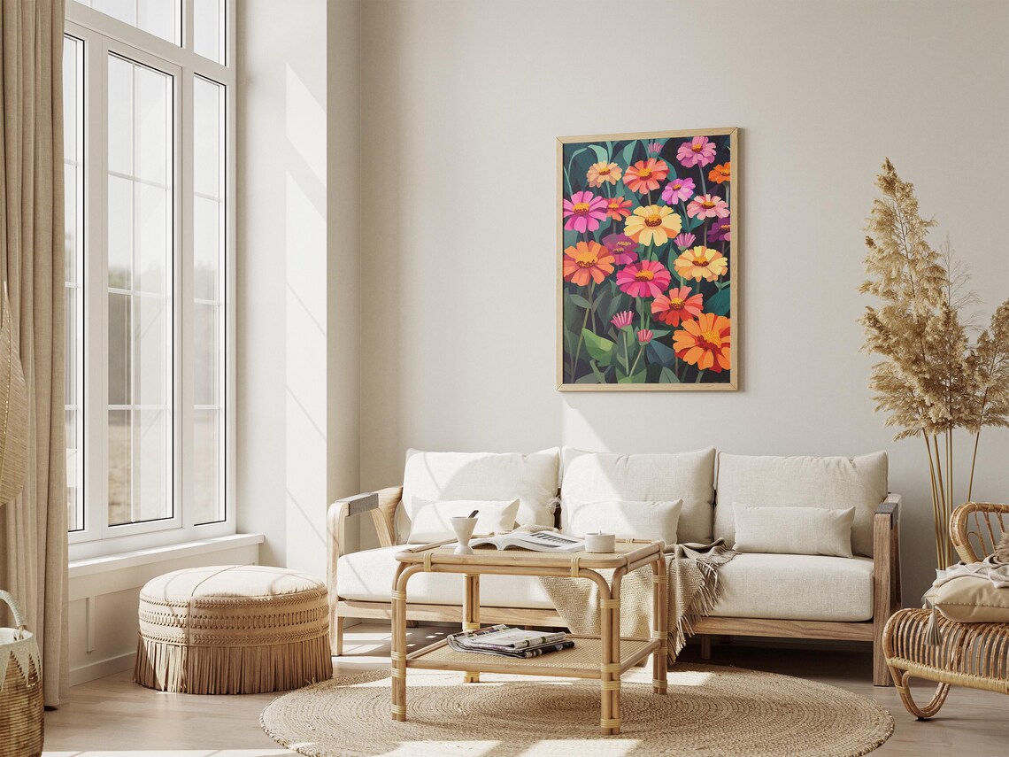Vibrant Zinnia Flower Garden Poster in Bold Pink Orange and Yellow - Image 4