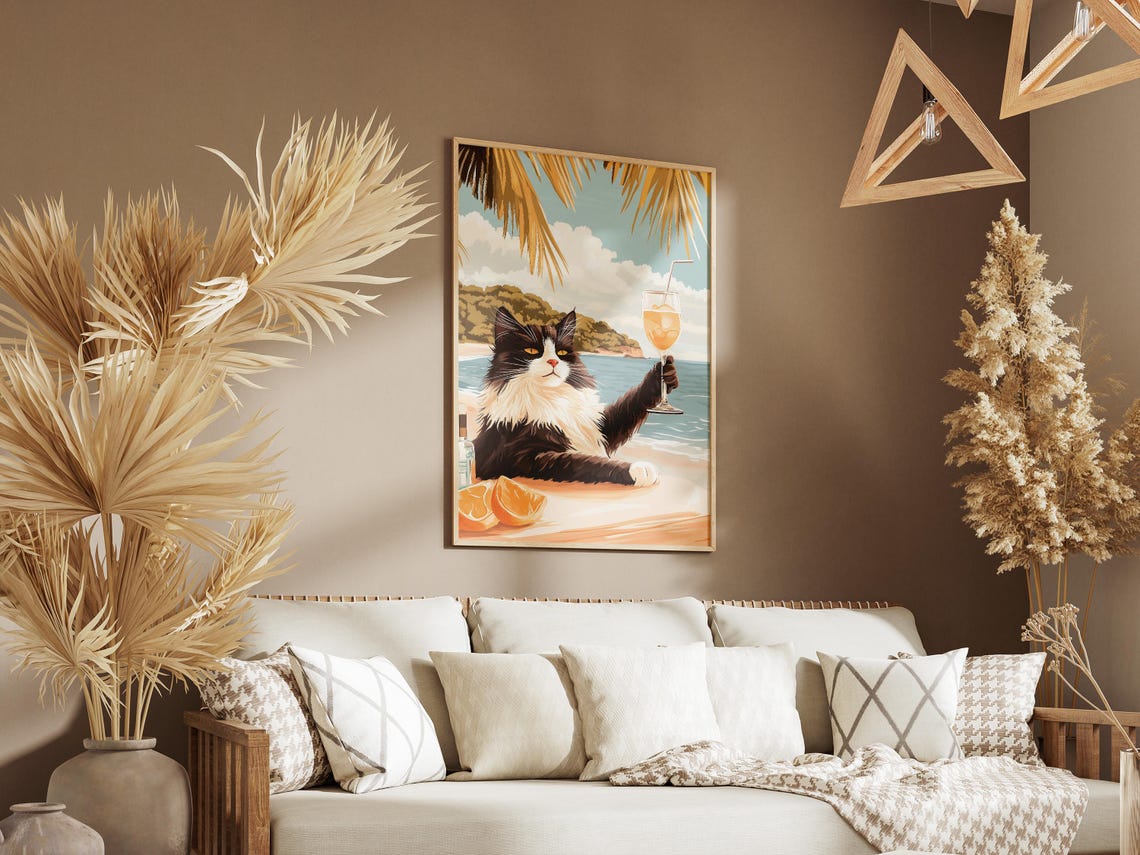 Fluffy Black And White Cat Toasting Cocktail At Beach Bar Poster - Image 3