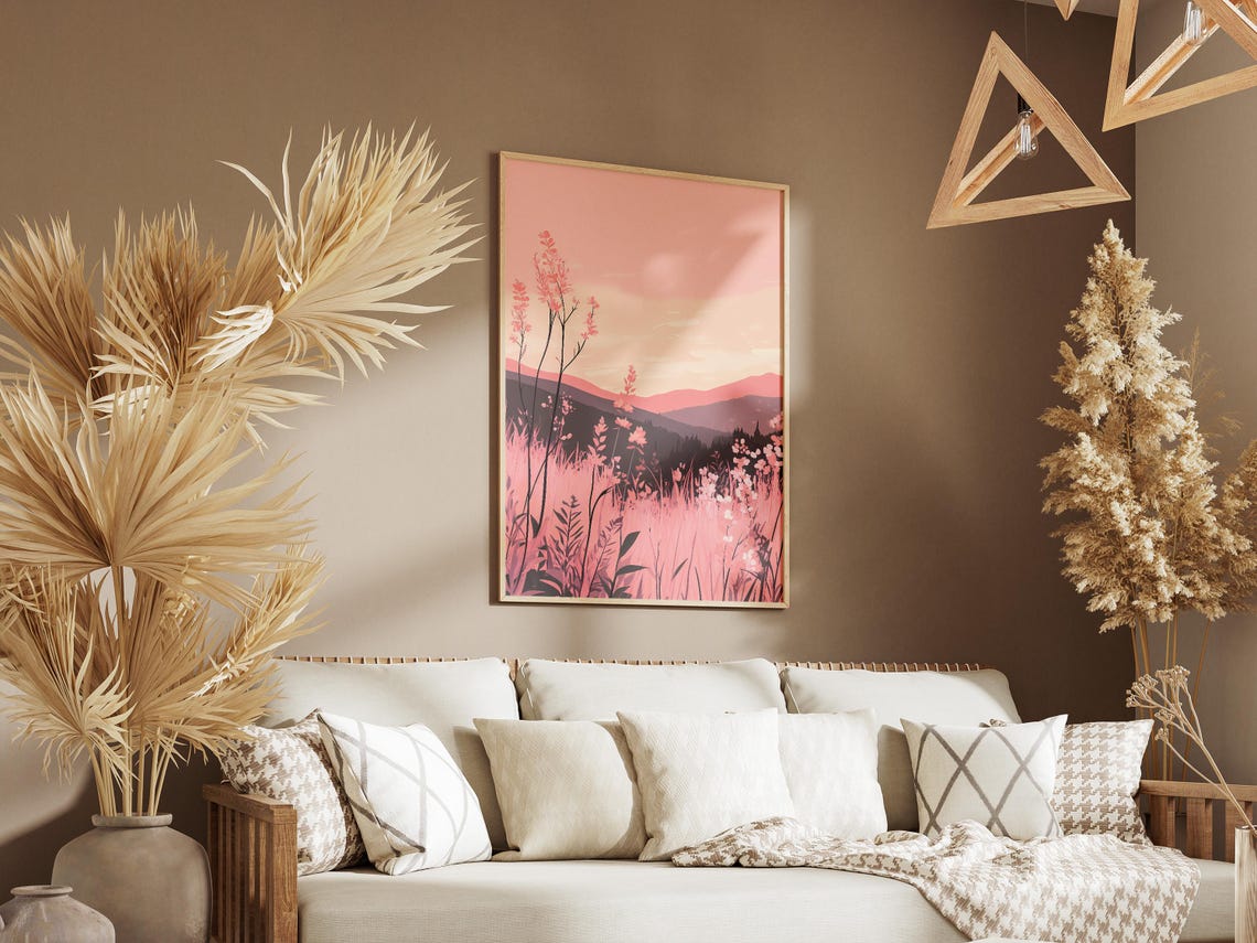 Pink Fireweed Meadow at Sunset Before Dusky Mountains Poster - Image 3
