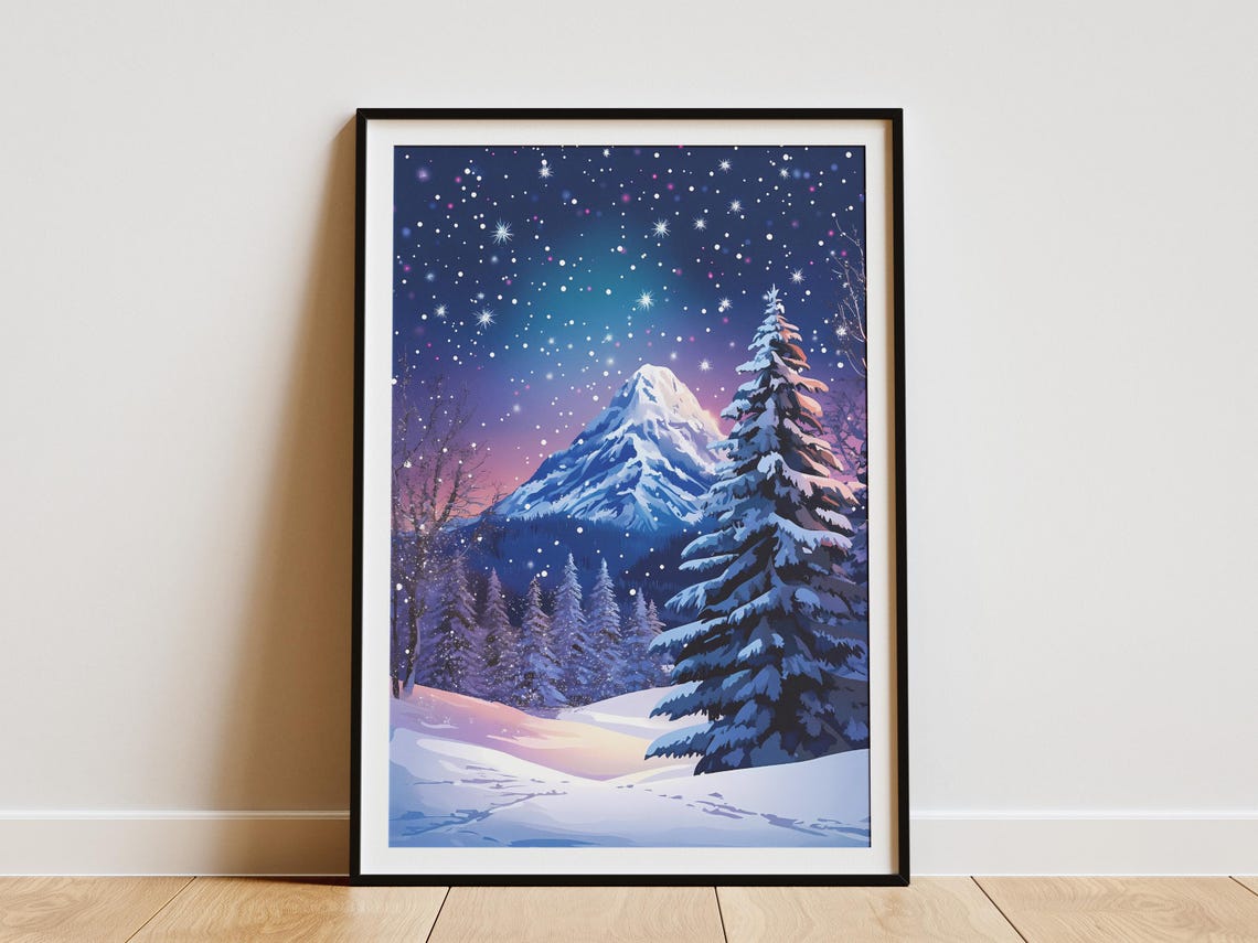 Snowy Mountain Peak Glowing Under a Starry Night Sky Winter Poster
