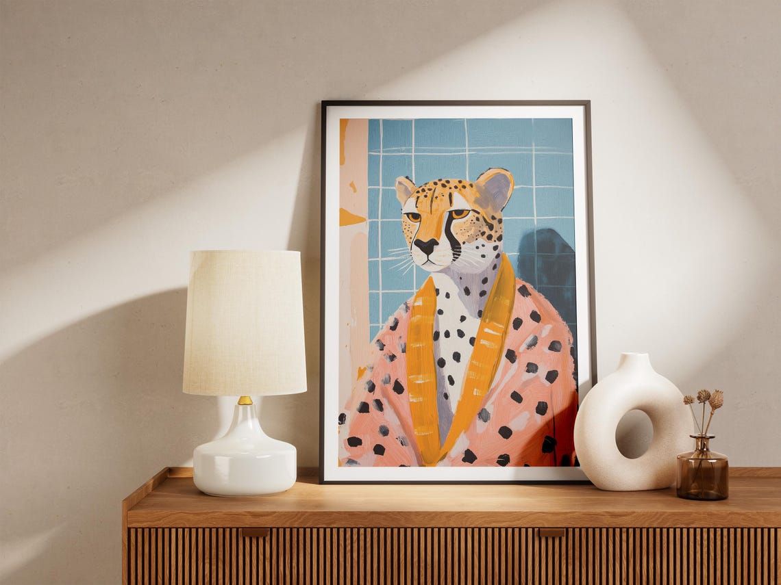 Cheetah in Coral Bathrobe Blue Tile Bathroom Whimsical Animal Poster - Image 5