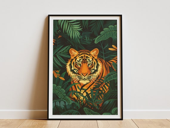 Jungle Tiger Poster Tropical Animal Art Print Orange Green Leaves Wall Decor Home Decor