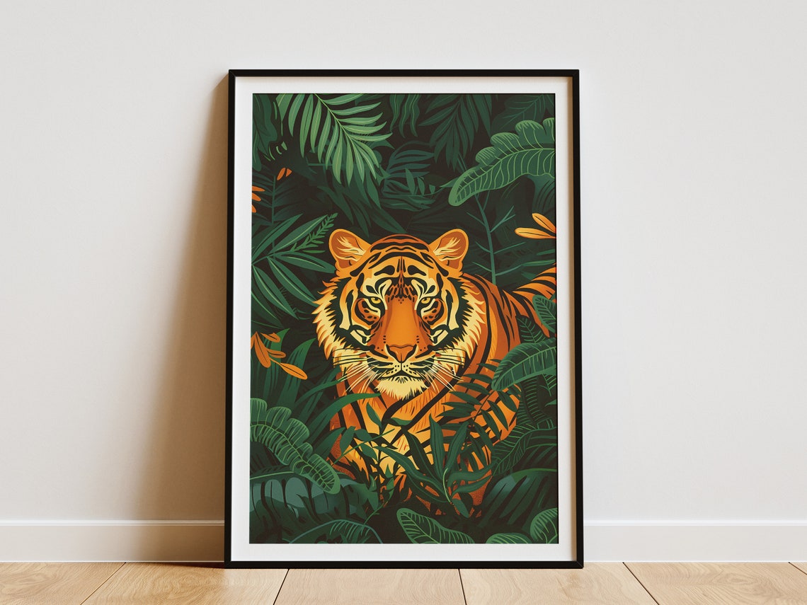 Jungle Tiger Portrait Dense Green Foliage Vintage Animal Poster