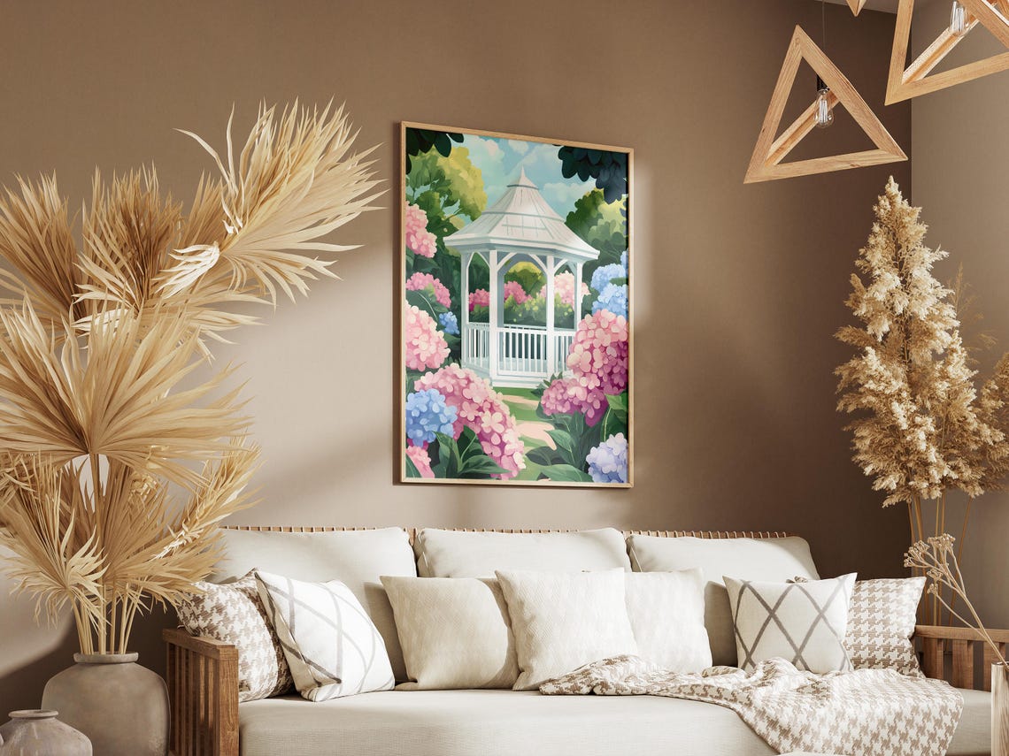 White Garden Gazebo Surrounded By Pink Blue Hydrangeas Poster - Image 3