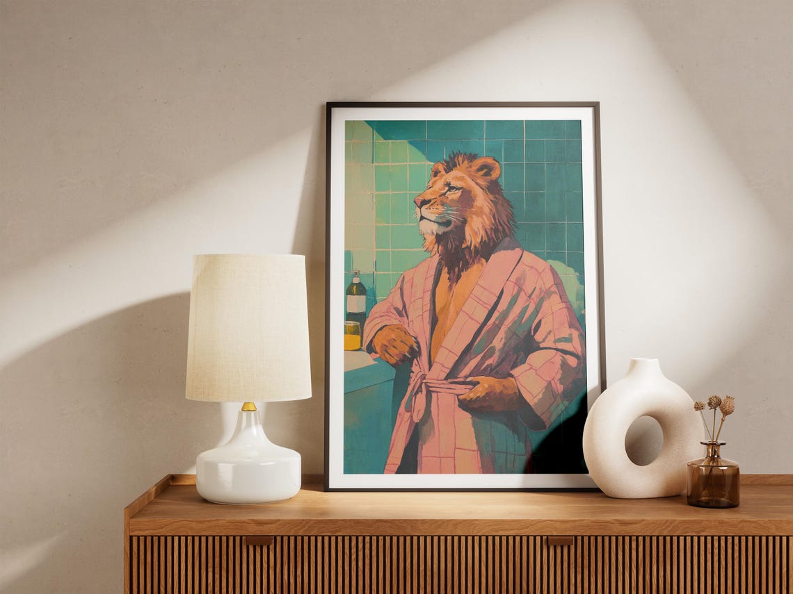 Lion In A Bathrobe Bathroom Painting Poster Print Modern Animal Art Funny Cool Home Decor Unique Wall Whimsical - Image 4