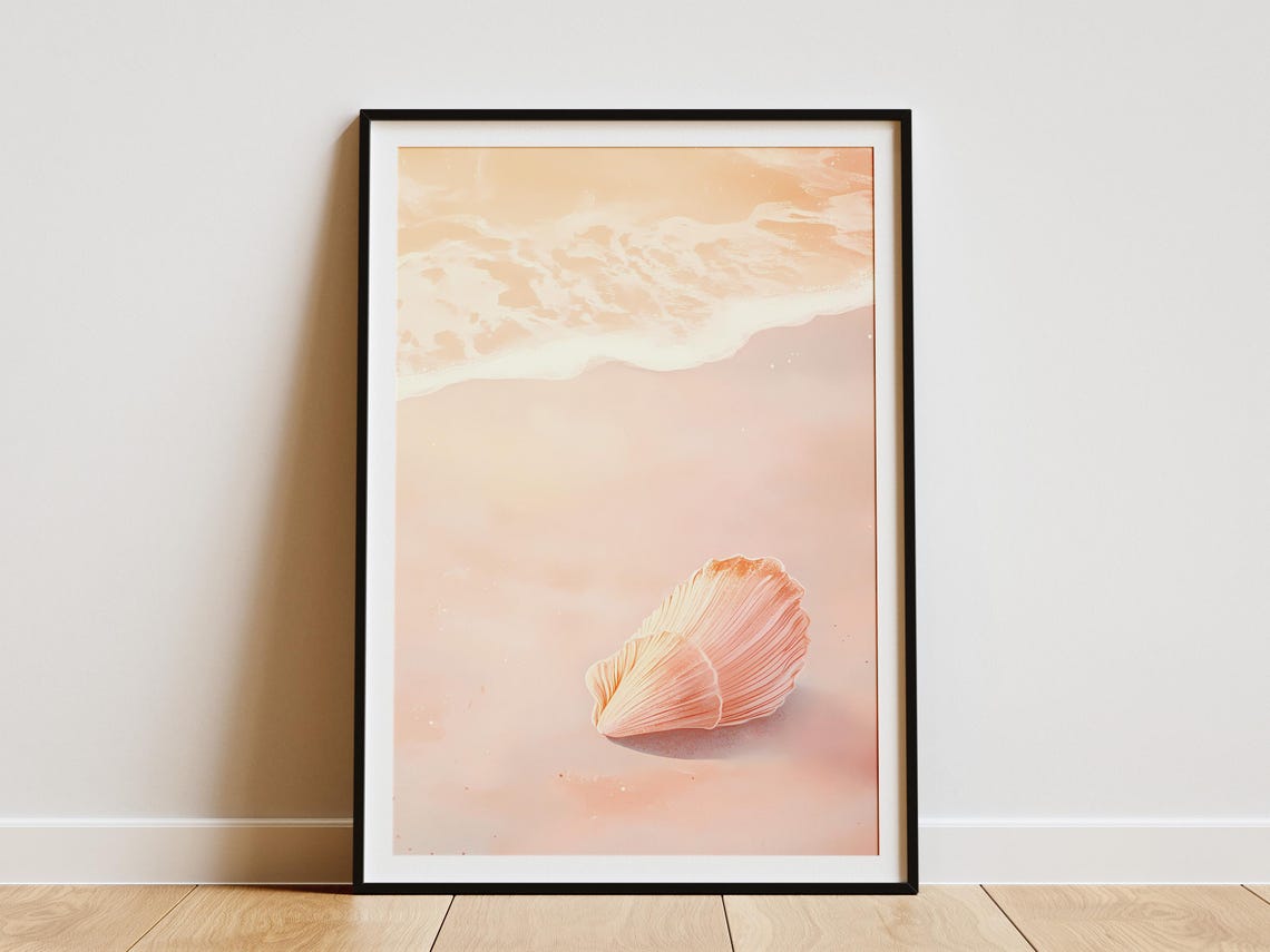 Seashell Beach Poster Minimalist Pink Seashell Print Ocean Wall Art Summer Beach Decor Coastal Home Decor Sandy Beach Art