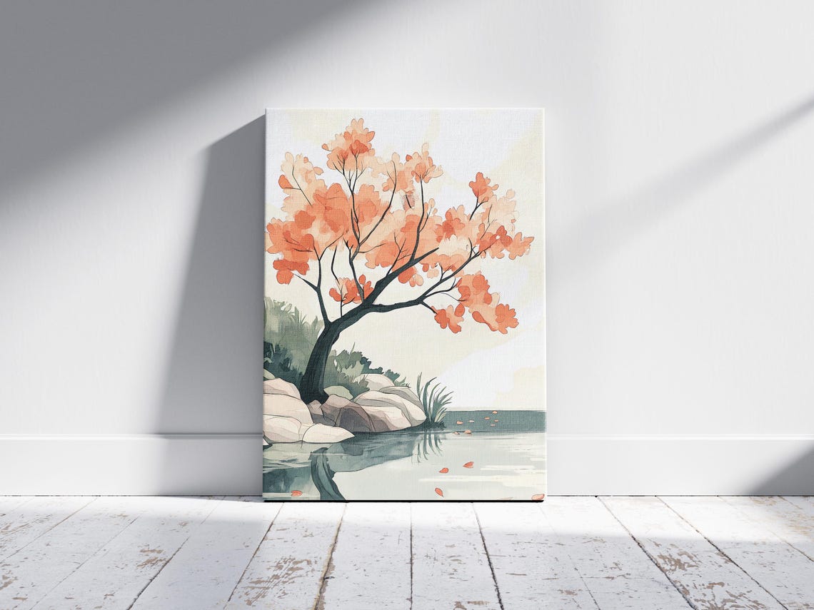Japanese Cherry Blossom Tree by Pond Watercolor Sakura Art Poster - Image 2