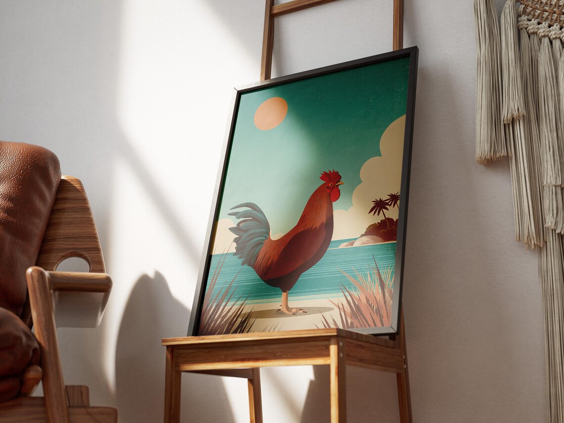 Rooster Tropical Beach Sunset Palm Trees Vintage Travel Poster - Image 3