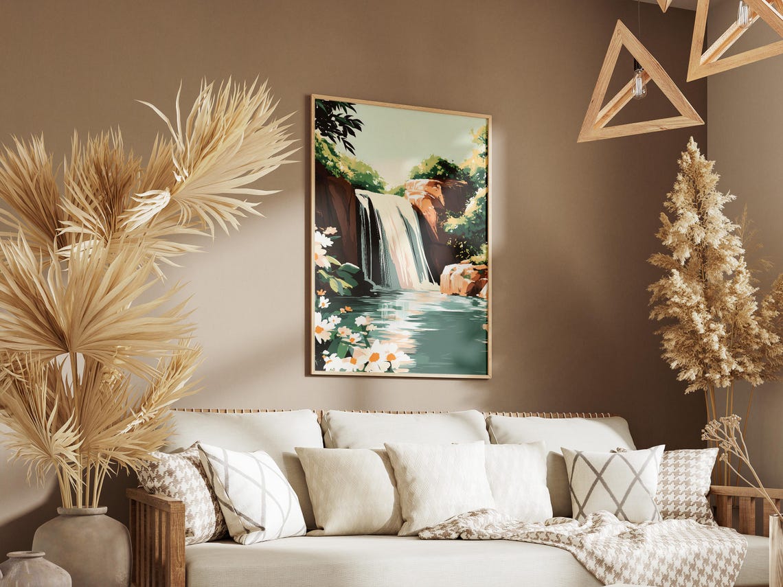 Waterfall Between Red Cliffs with White Daisies and Lagoon Poster - Image 3