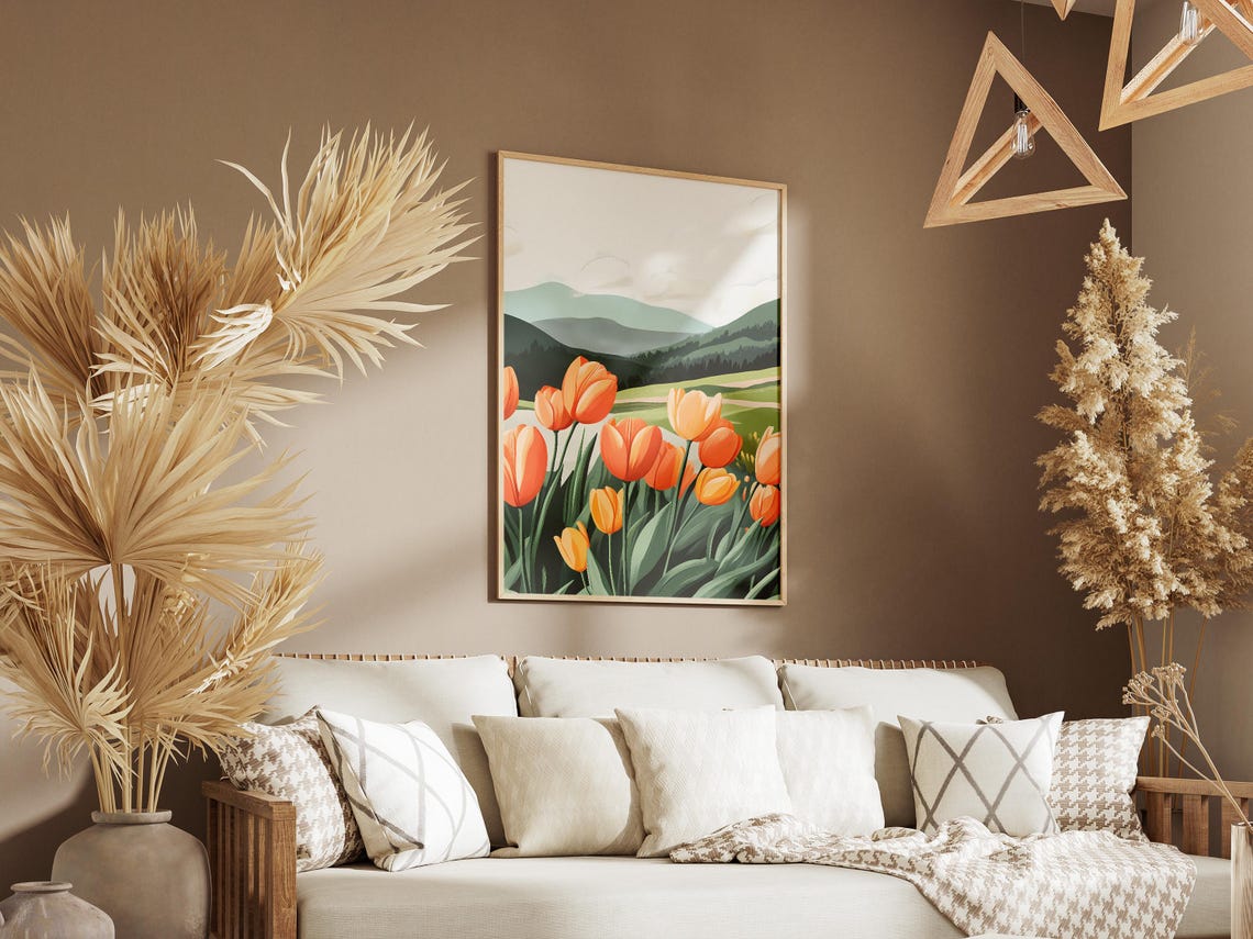 Bright Orange Tulips Blooming in a Green Mountain Valley Poster - Image 3