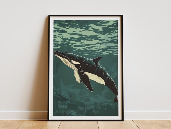 Whale Ocean Poster Minimalist Ocean Art Print Whale Illustration Ocean Animal Wall Art Sea Life Poster