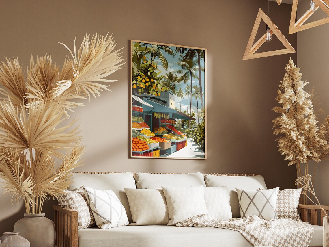 Tropical Fruit Market Stand Palm Trees Colorful Island Art Poster - Image 3