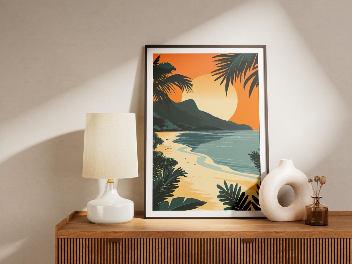 Tropical Beach Sunset Palm Silhouette Island Ocean View Poster - Image 5