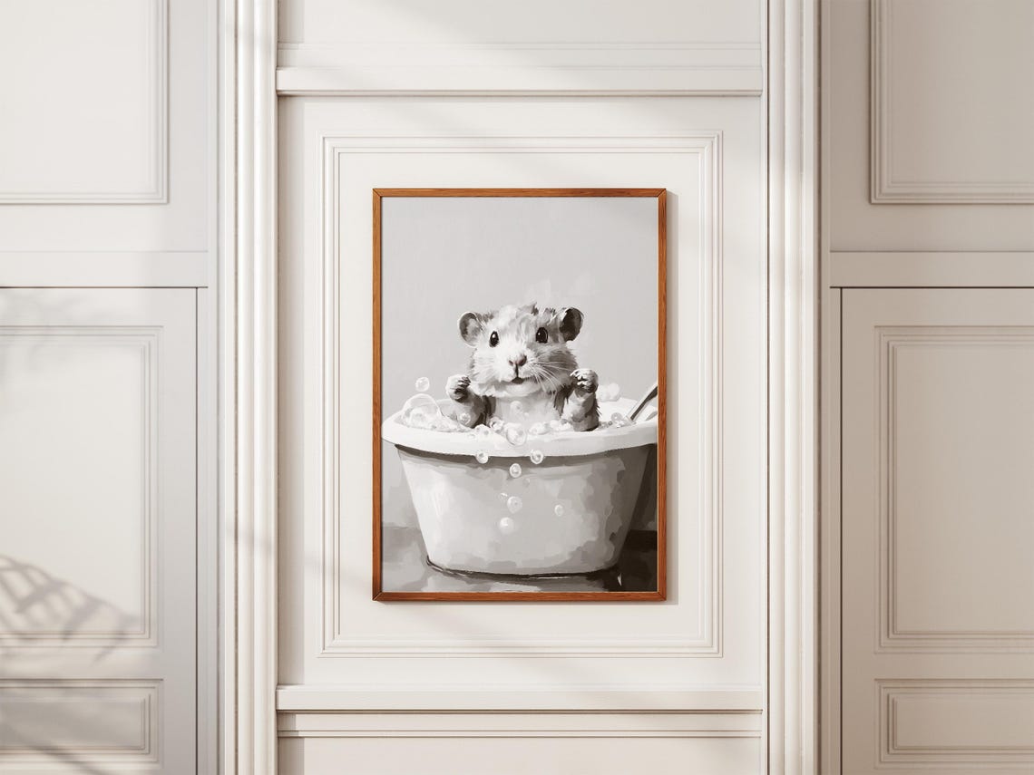 Hamster In A Bubble Bath Black And White Cute Bathroom Poster - Image 2