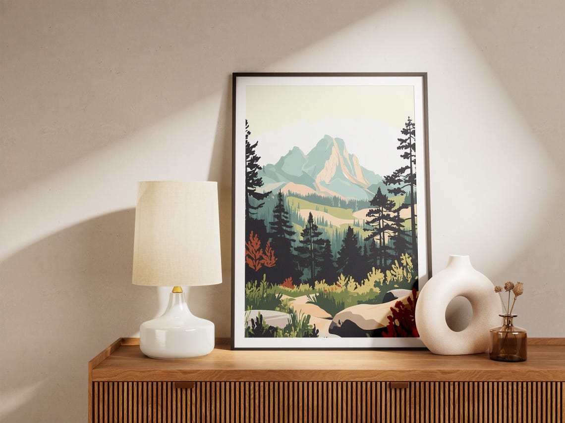 Mountain Range Pine Forest Valley Stream Landscape Art Poster - Image 5