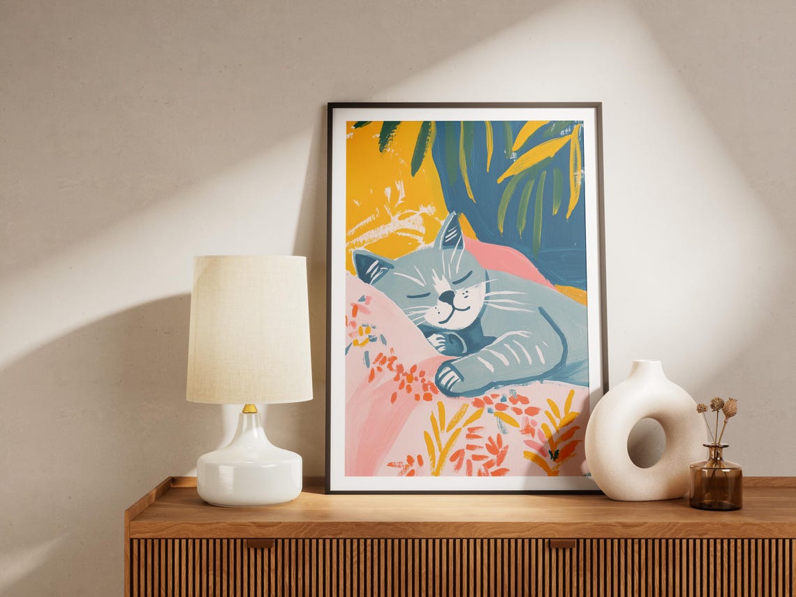 Grey Cat Sleeping in Colorful Floral Bedding Whimsical Art Poster - Image 4