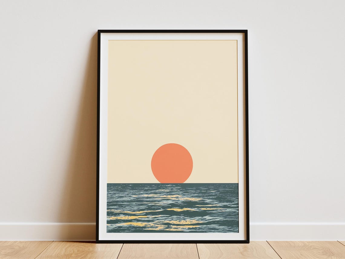 Minimalist Ocean Sunset Poster with Coral Sun over Teal Waves