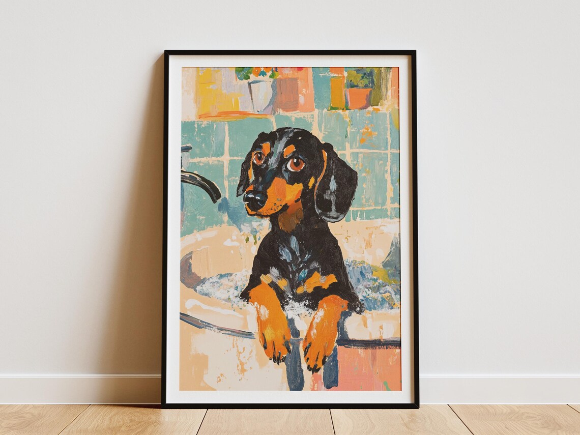Dachshund Bath Time Print Dog In Tub Pet Portrait Modern Dog Art Whimsical Animal Painting Bathroom Decor Funny Dog Poster Dachshund Gift