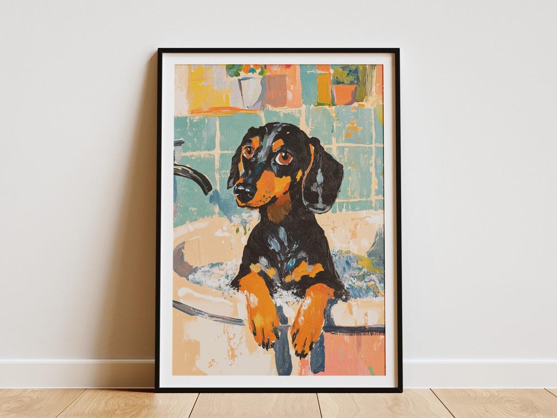 Dachshund in Bubble Bath Teal Bathroom Funny Dog Portrait Poster