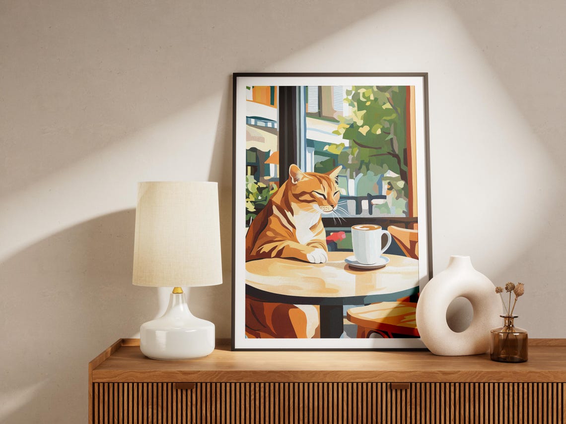 Orange Tabby Cat at a Cafe Table Watching Green Trees Sway Poster - Image 4
