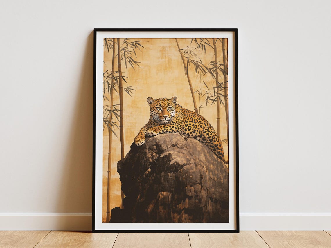 Leopard Resting on Rock in Golden Bamboo Grove Wildlife Art Poster