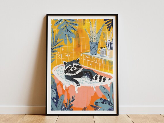 Blissful Raccoon In Tropical Coral Bubble Bath Animal Poster