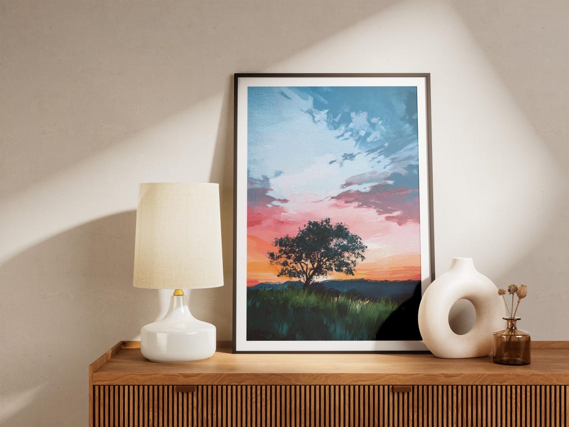 Lone Tree Silhouette Against A Pink Sunset Sky Minimal Poster - Image 4