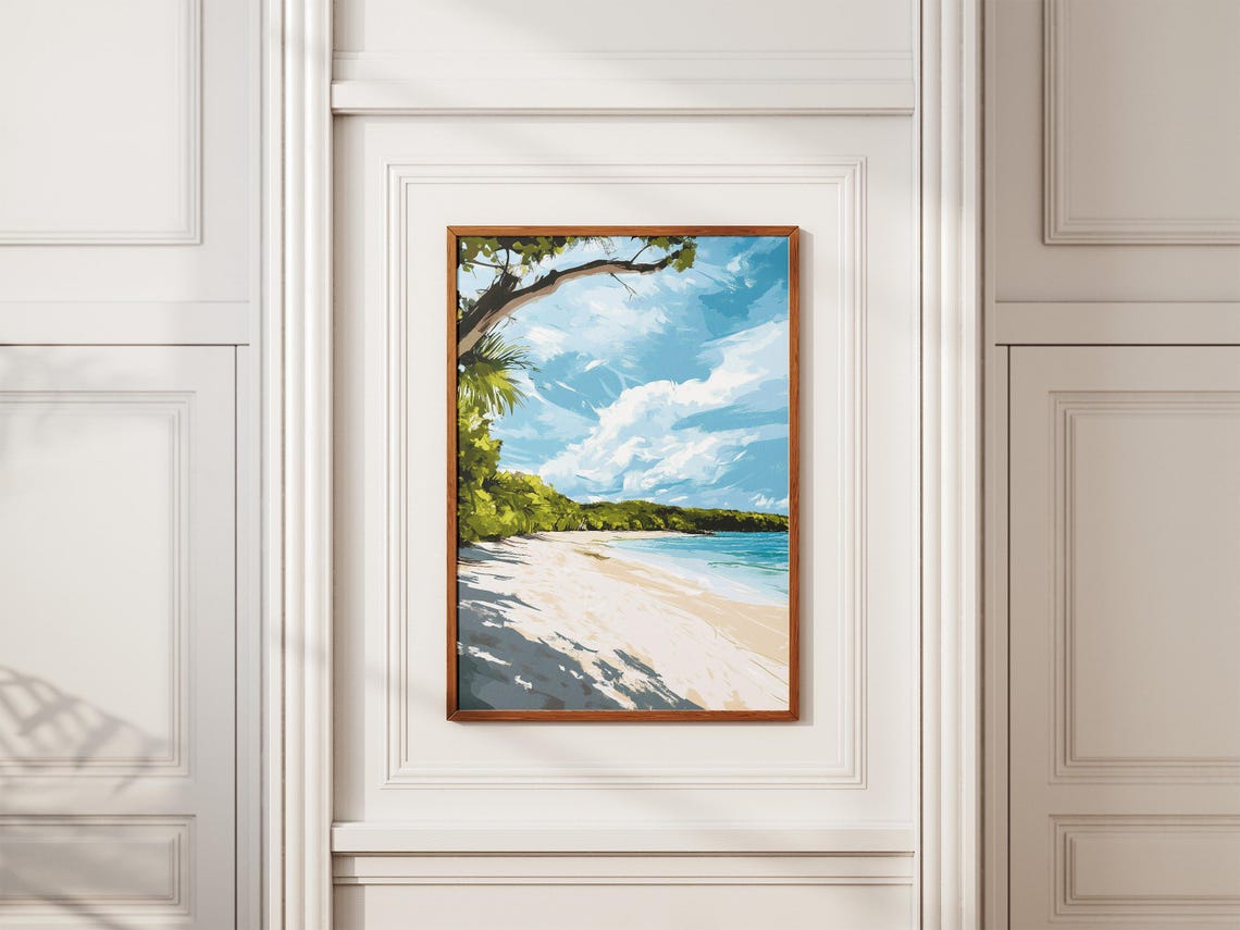 Tropical Island Beach With Palm Branch Overhanging Ocean View Poster - Image 2