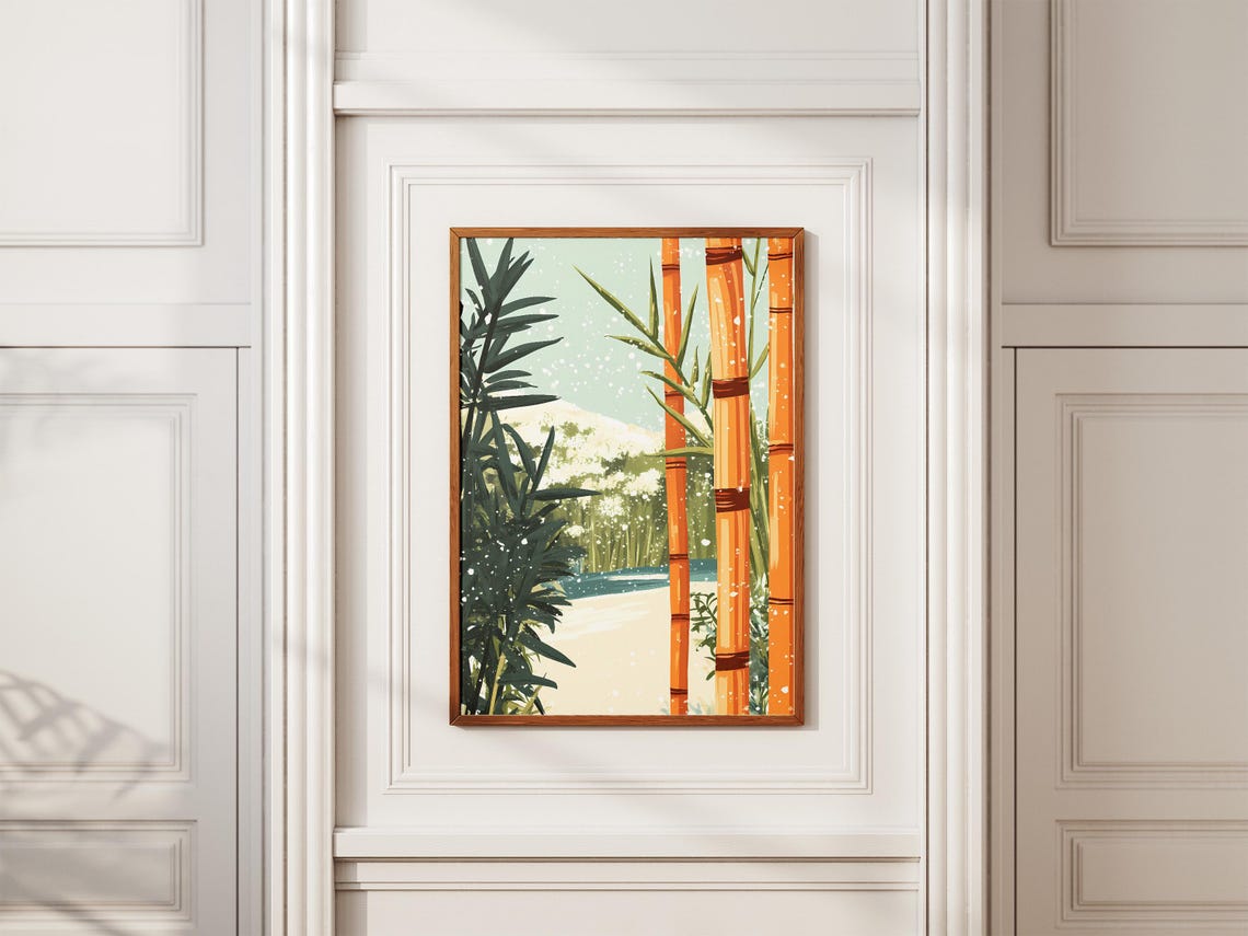 Snow Falling on Orange Bamboo Stalks Beside a Garden Pond Poster - Image 2