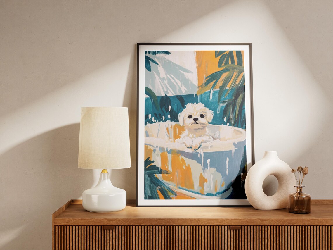 Maltese Puppy Outdoor Bubble Bath Tropical Palm Scene Poster - Image 4