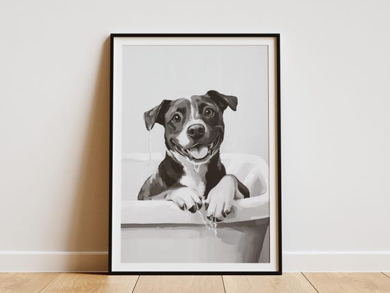 Staffordshire Terrier Dog In Bathtub Poster Bubble Bath Art Print Funny Animal Bathroom Decor Cute Wall Pet Lover Gift