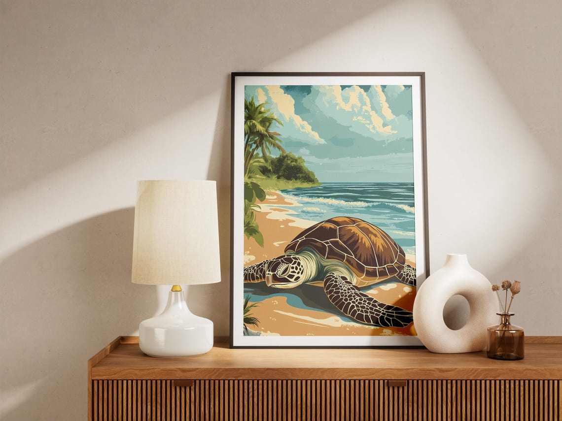 Sea Turtle Resting on a Golden Tropical Beach Illustration Poster - Image 5
