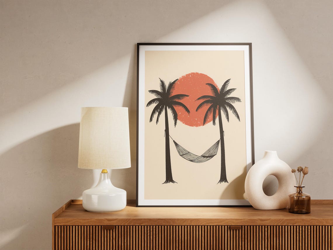 Two Palm Trees with a Hammock Swaying Under a Terracotta Sun Poster - Image 5