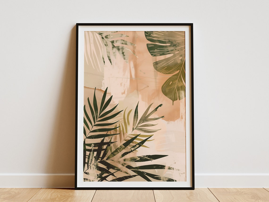 Minimalist Abstract Palm Leaves Blush Sage Boho Tropical Wall Art