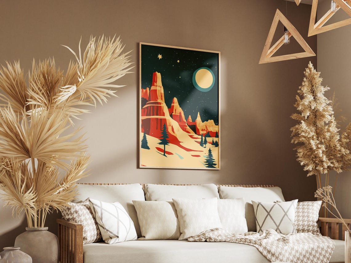 Towering Red Rock Spires Under Moonlit Snowy Desert Night Poster - Image 3