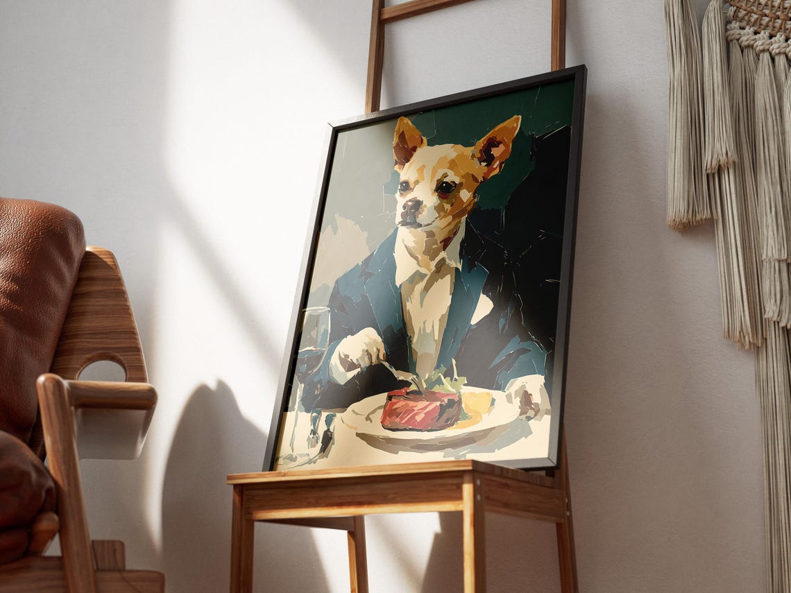 Chihuahua in Suit Eating Steak Dinner Fine Dining Dog Art Poster - Image 3