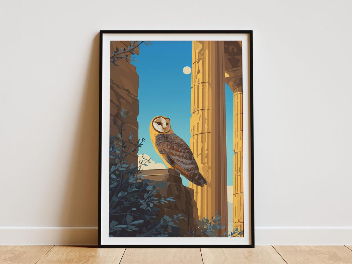 Barn Owl on Ancient Temple Ruins Moonlit Night Wildlife Art Poster
