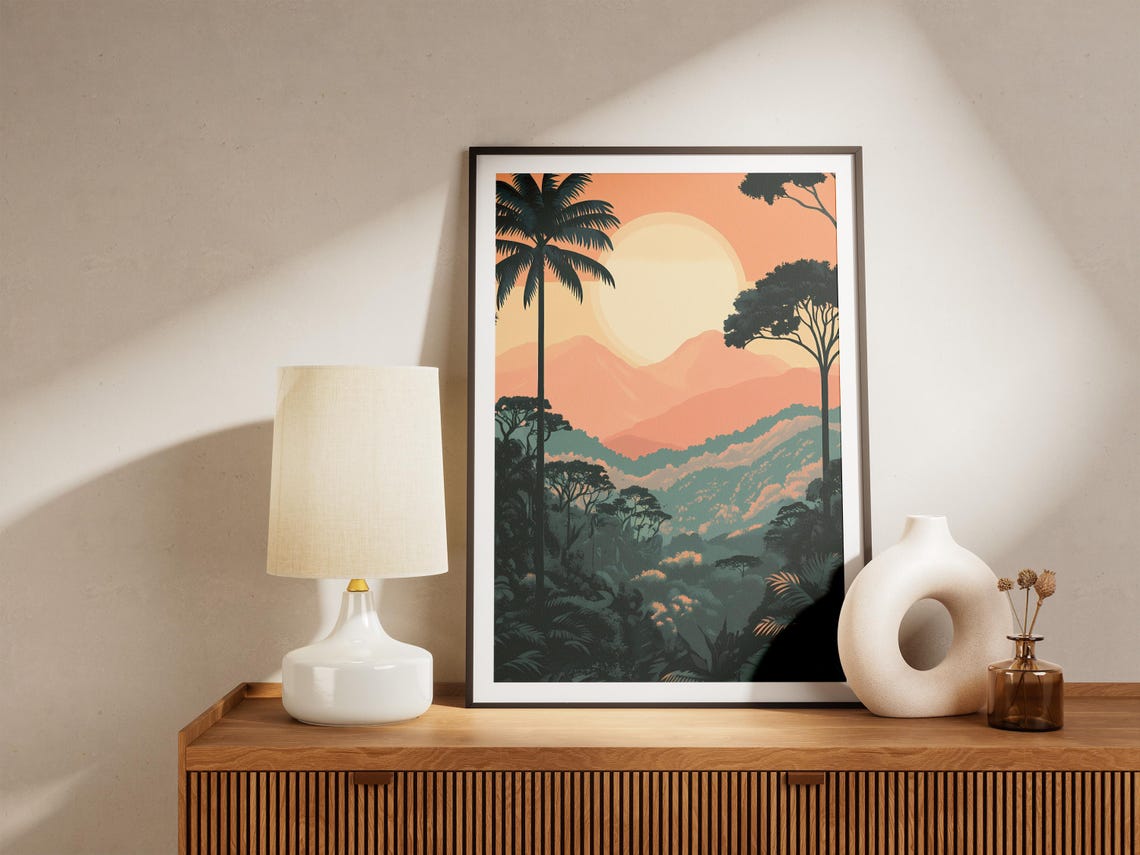 African Jungle Sunset Palm Silhouette Mountains Landscape Poster - Image 5