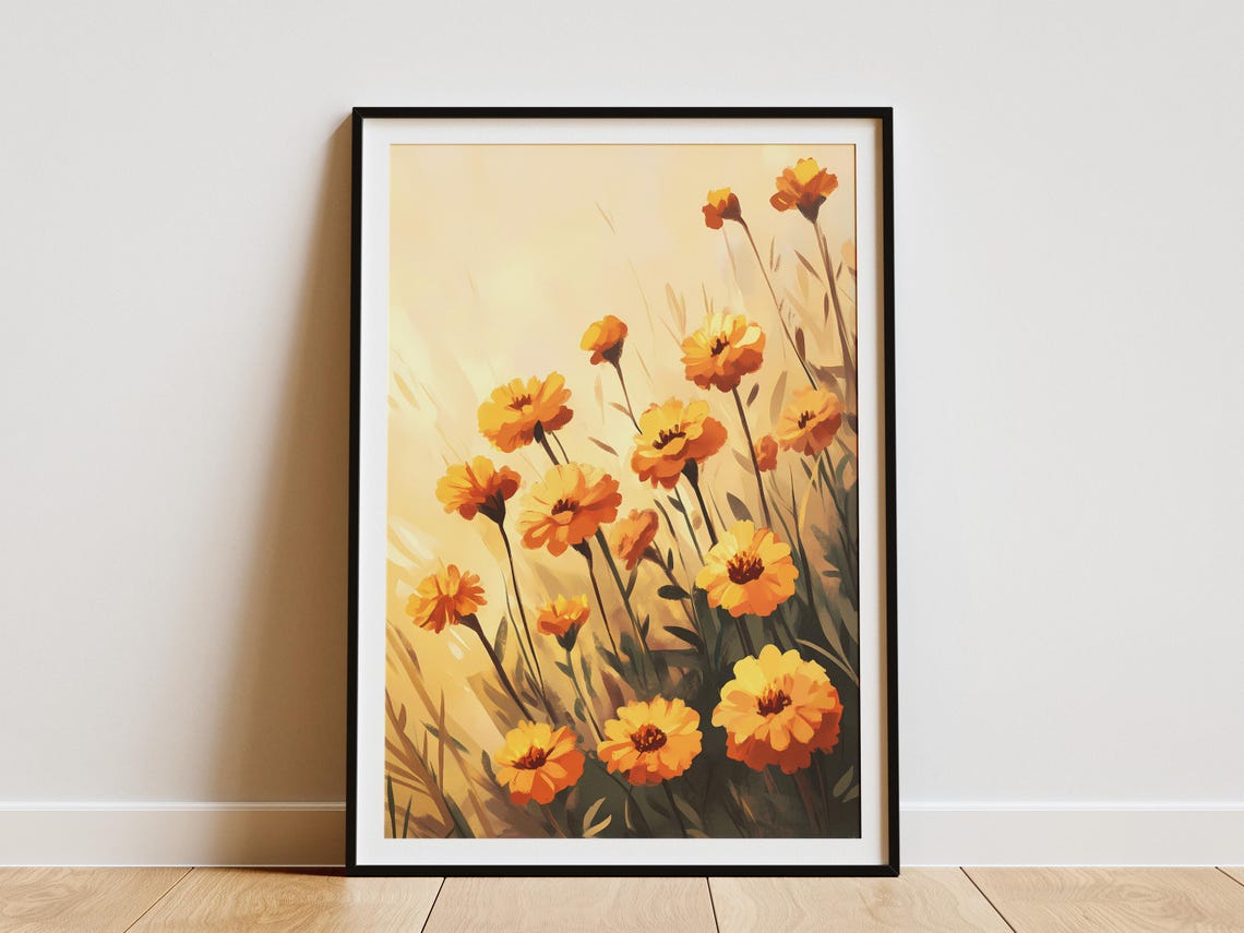 Golden Orange Marigold Flowers Poster in a Warm Backlit Meadow
