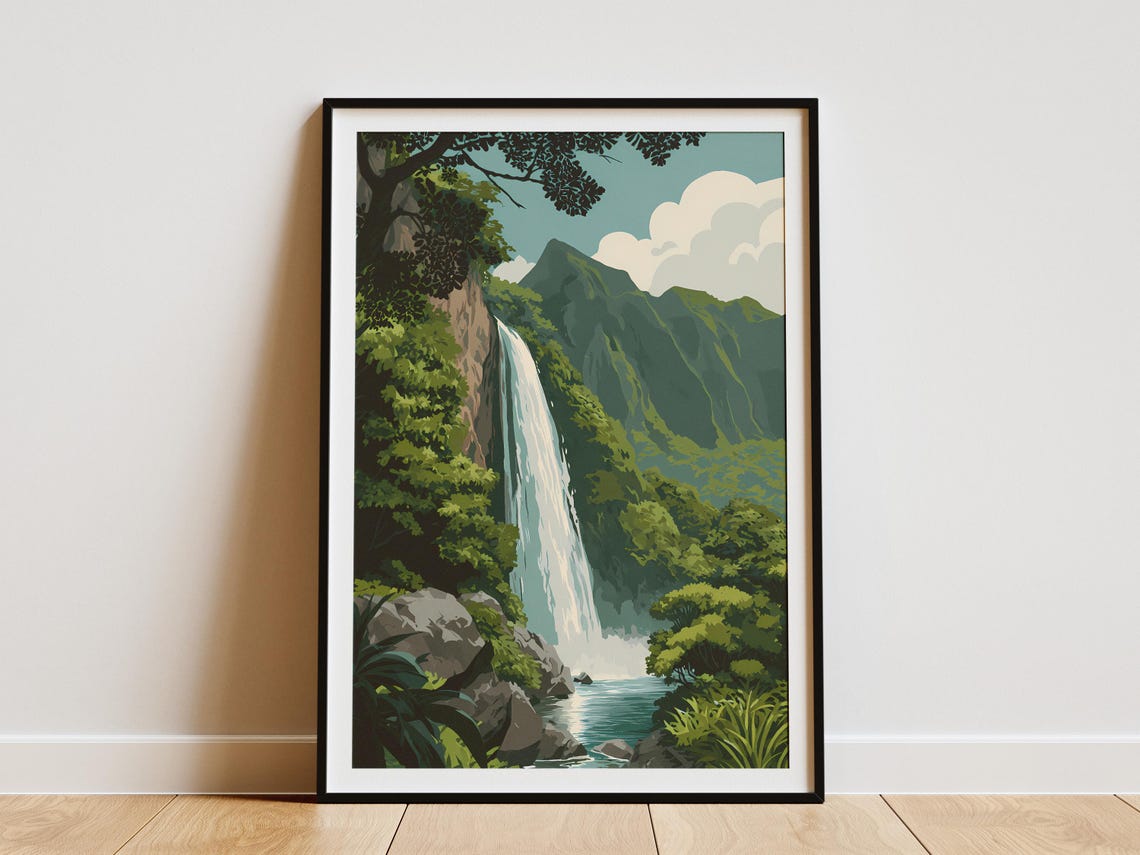 Tropical Waterfall Lush Green Rainforest Mountain Cascade Poster