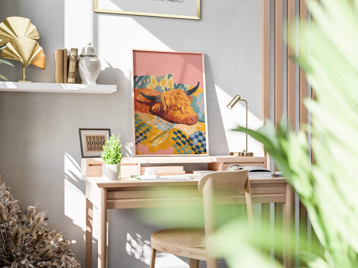 Highland Cow Sleeping Matisse Style Abstract Gouache Art Poster - Image 2