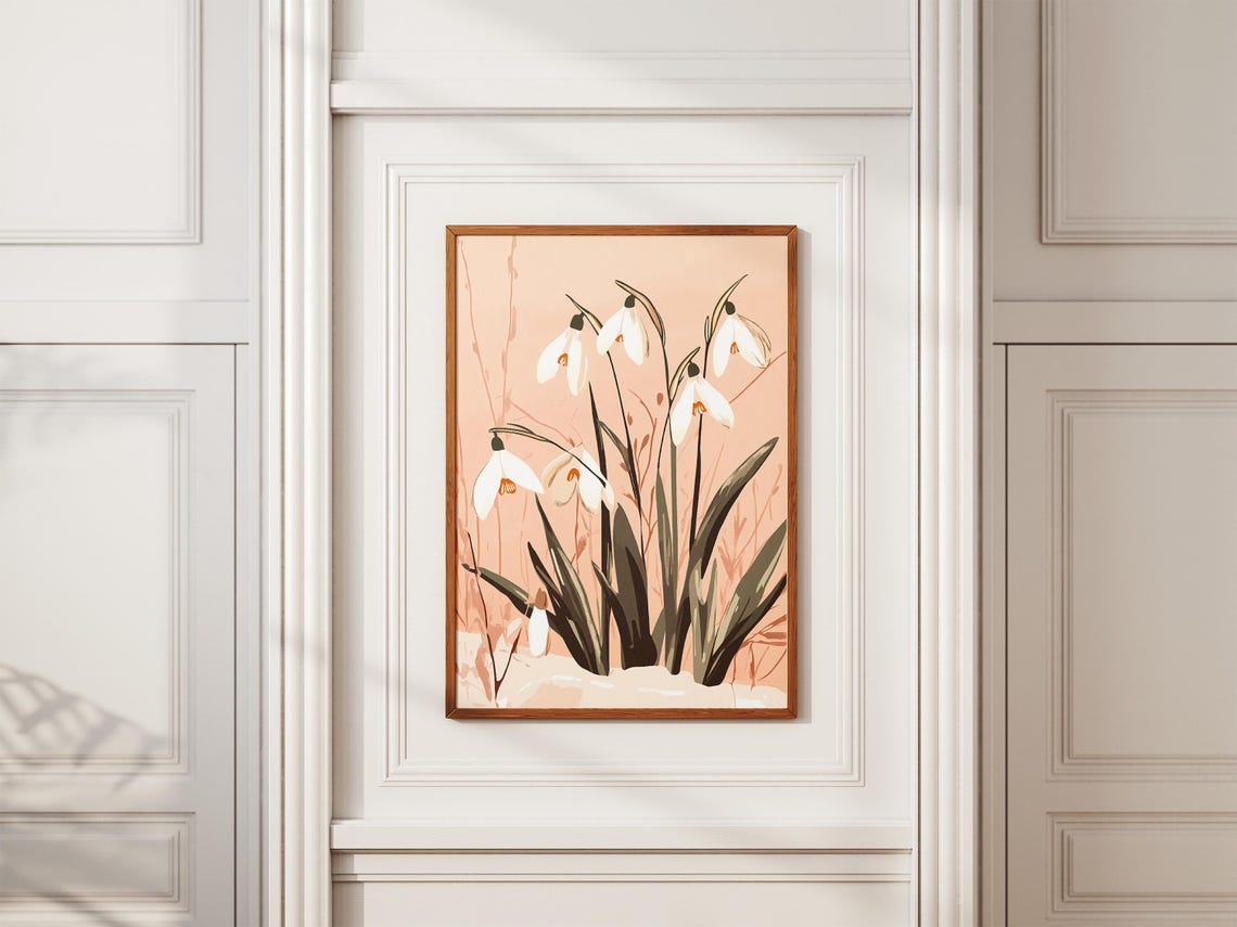 White Snowdrop Blooms Against a Soft Peach Minimalist Backdrop Poster - Image 2