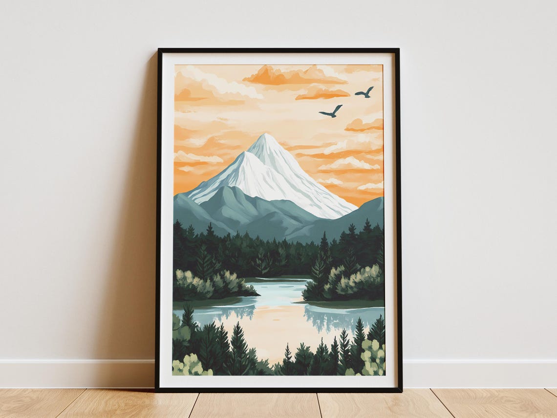 Snow Capped Mountain Lake Sunset Birds Nature Landscape Poster
