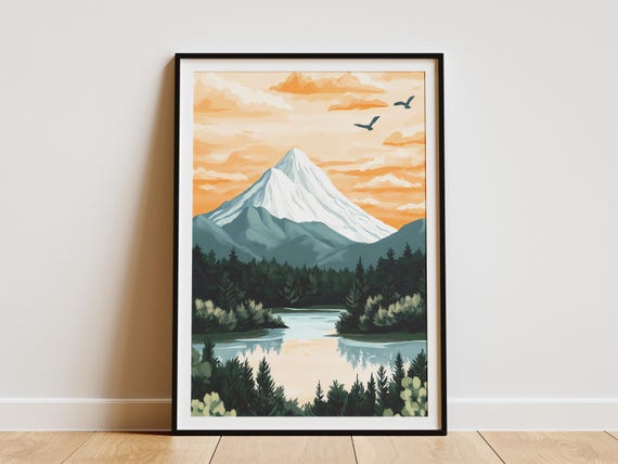 Volcanic Peak Sunset Landscape Poster Nature Art Print Mountain Lake Poster Modern Wall Art Home Decor Peaceful Scene Orange And Teal Tones
