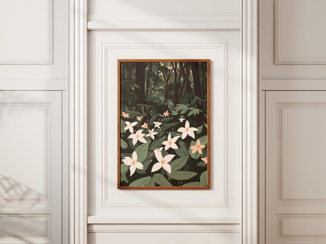 White Trilliums Dark Forest Glade Moody Botanical Flower Poster - Image 2